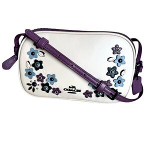 Coach Floral Appliqué Crossbody Mini Bag Off White Purple Leather